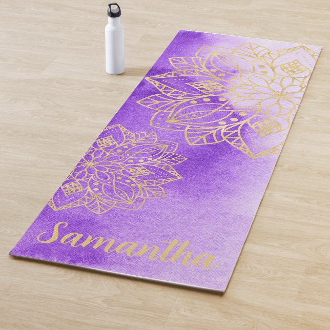 Purple Tie Dye with Gold Mandalas Custom Name Yoga Mat (In Situ)