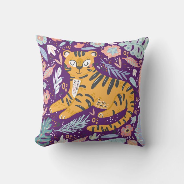 Purple Tiger Cub Summer Tropical Jungle Cushion (Front)