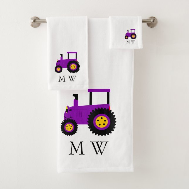 Purple Tractor Design Monogrammed Bath Towel Set (Insitu)