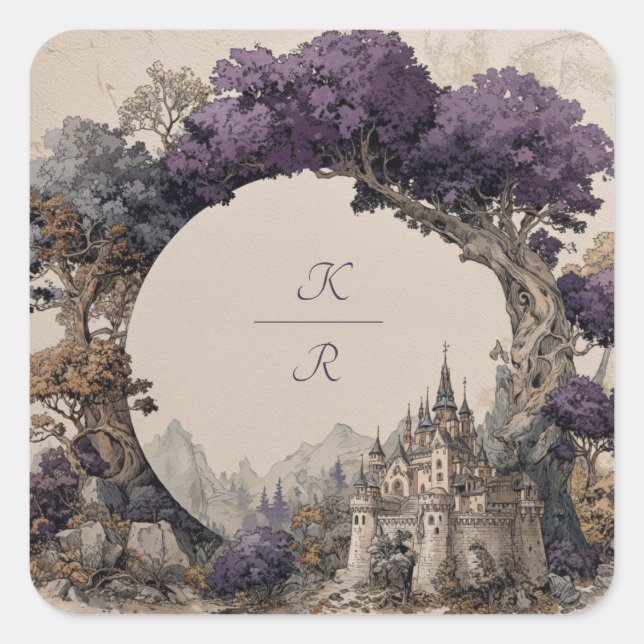 Purple Tree Archway Castle Illustrated Wedding Square Sticker (Front)
