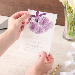 Purple tree blossom watercolor photo wedding vellum invitations