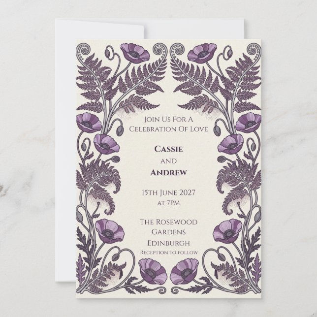 Purple Tree Fern and Poppy Botanical Invitation (Front)