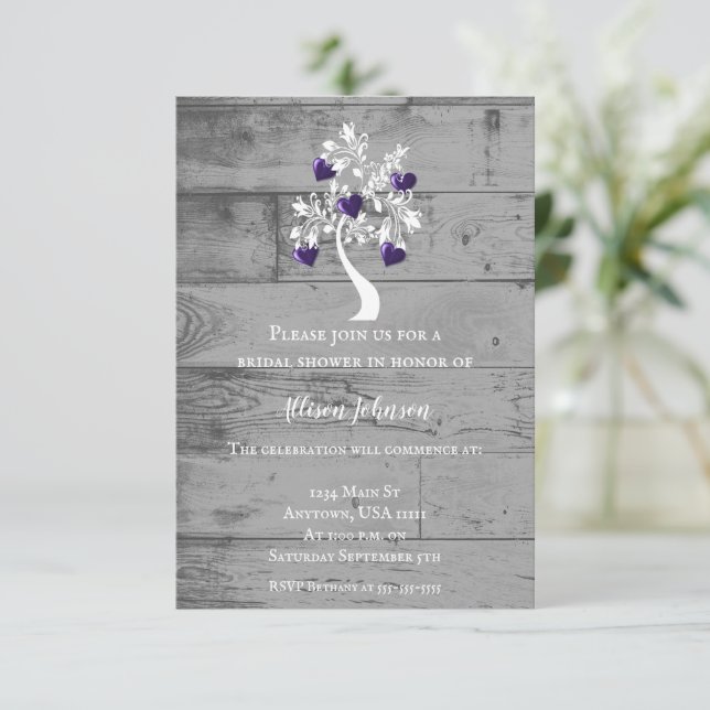 Purple Tree of Hearts Bridal Shower Invite (Standing Front)