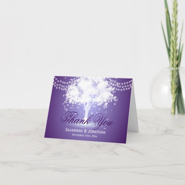 Purple Tree String Lights Wedding Thank You Cards (Front)
