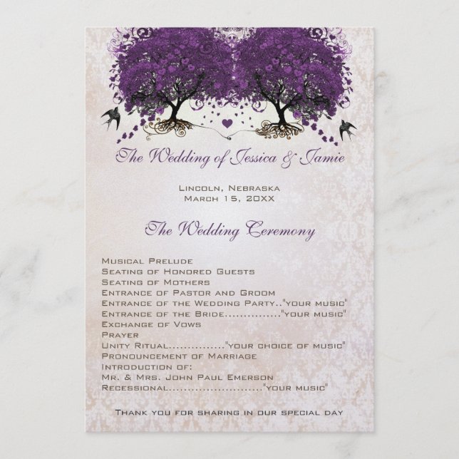 Purple Tree Vintage Love Birds Damask Wedding  Programme (Front)
