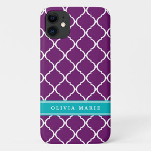 Purple Trellis Pattern Turquoise Name Case-Mate iPhone Case