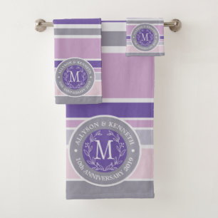 Purple Trendy Stripes Monogram Wreath Laurel Leaf Bath Towel Set