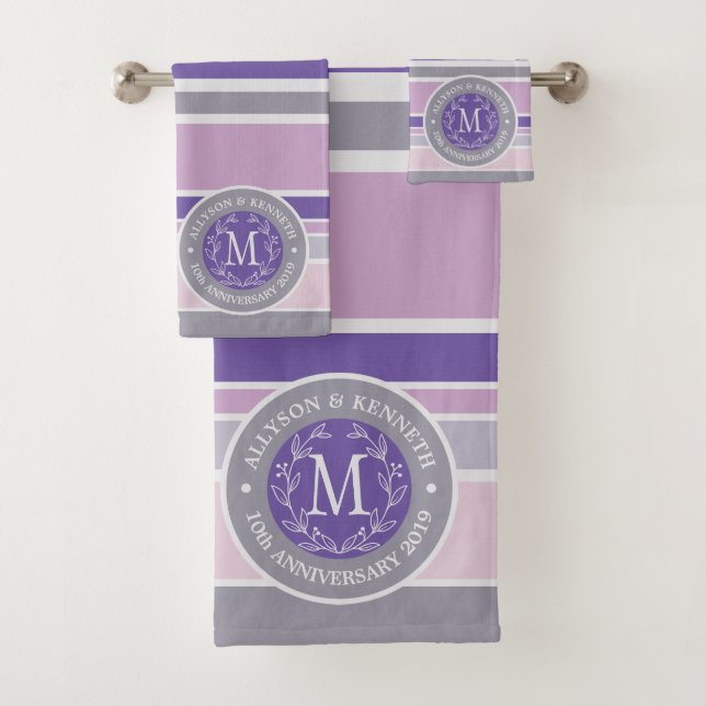 Purple Trendy Stripes Monogram Wreath Laurel Leaf Bath Towel Set (Insitu)