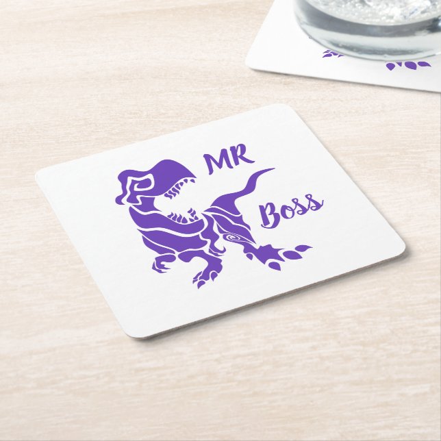 Purple Trex the Boss Dino Square Paper Coaster (Angled)