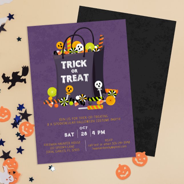 Purple Trick or Treat Kids Costume Party Invite (Trick or Treat Halloween Costume Party Invitation)