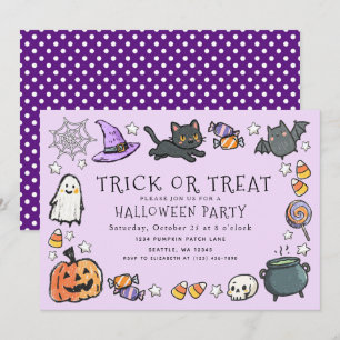 Purple Trick or Treat Kids Crayon Halloween Party Invitation