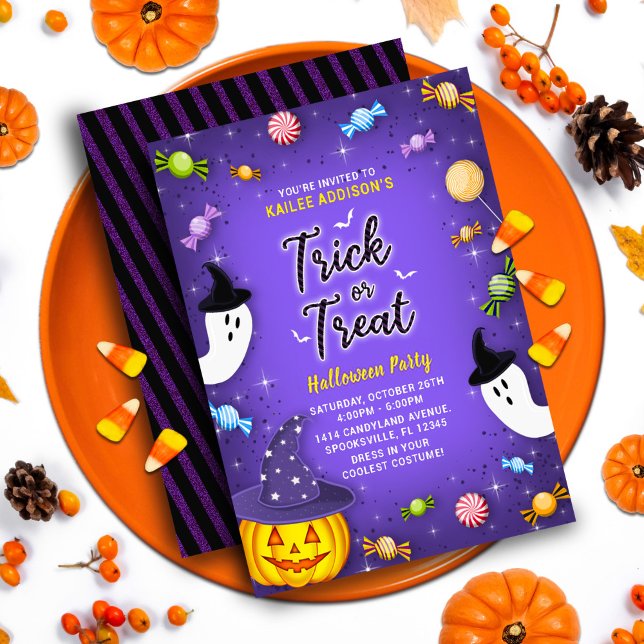Purple Trick or Treat Kids Halloween Party Invitation (Creator Uploaded)