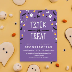 Purple Trick or Treat Kids Halloween Party Invites