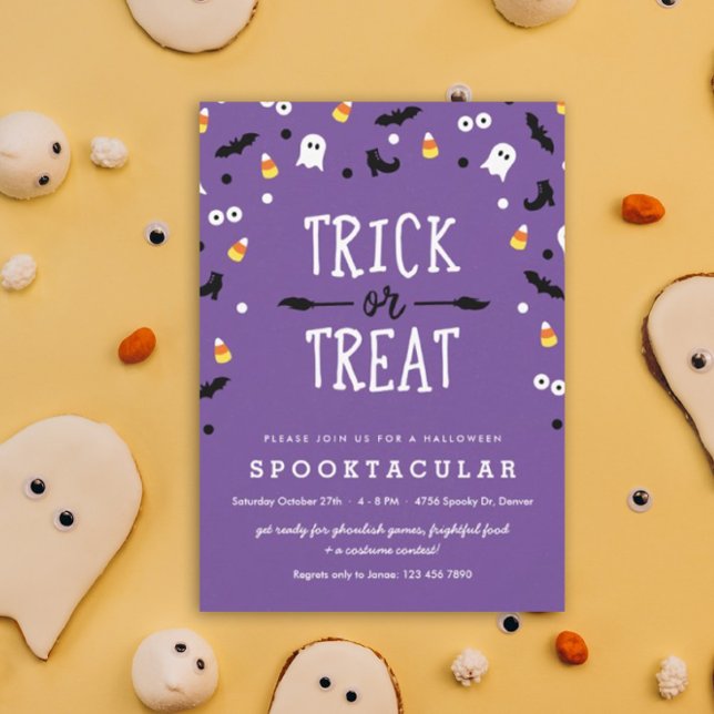 Purple Trick or Treat Kids Halloween Party Invites (Trick or Treat Halloween Spooktacular party invitation)