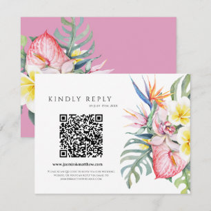 Purple Tropical Floral Hawaii QR Code Wedding RSVP Card