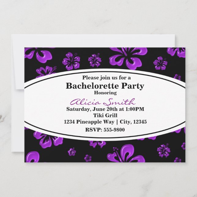 Purple Tropical Hibiscus Floral Black Invitation (Front)
