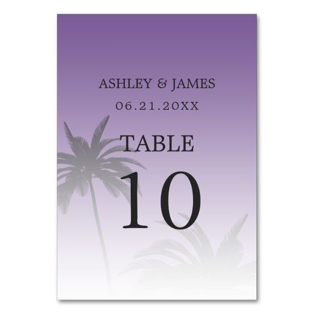 Purple Tropical Palm Tree Beach Wedding Table Number (Back)