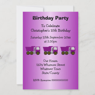 Purple Truck Design Boy's Birthday Party Invitation