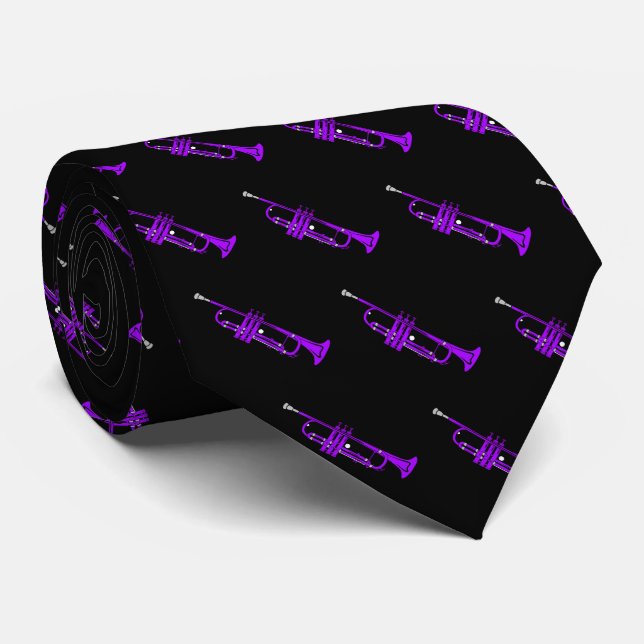 Purple Trumpet Pattern on Black Tie (Rolled)