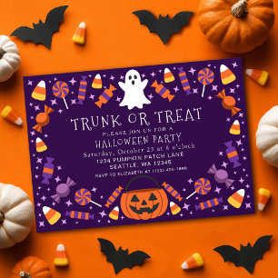 Purple Trunk or Treat Candy Kids Halloween Party Invitation