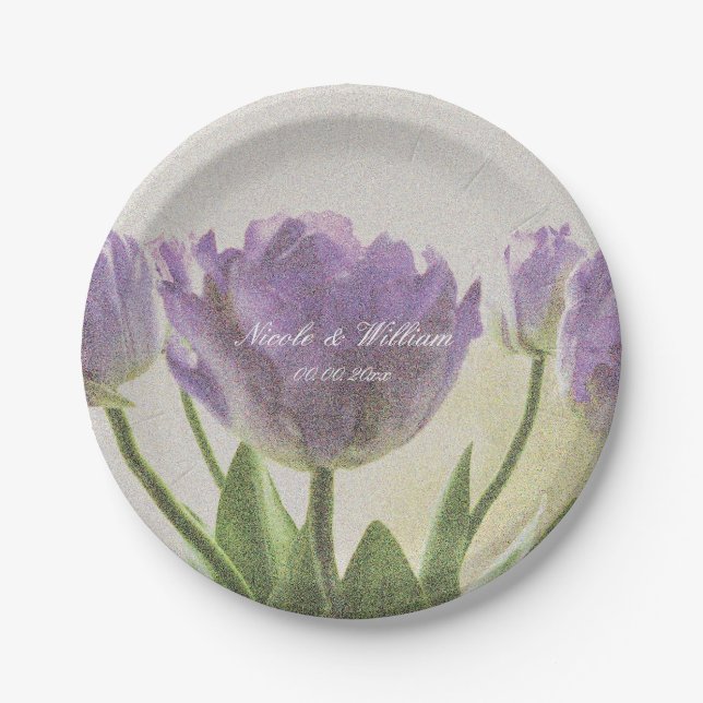 Purple tulip flower garden wedding party plates (Front)