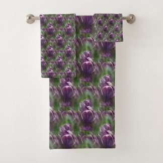 Purple Tulip Flower Nature Pattern Bath Towel Set
