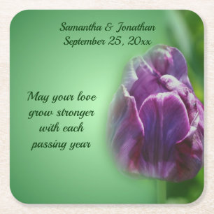 Purple Tulip Flower Personalised Wedding Square Paper Coaster