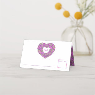 Purple tulip heart drawing monogram wedding place card
