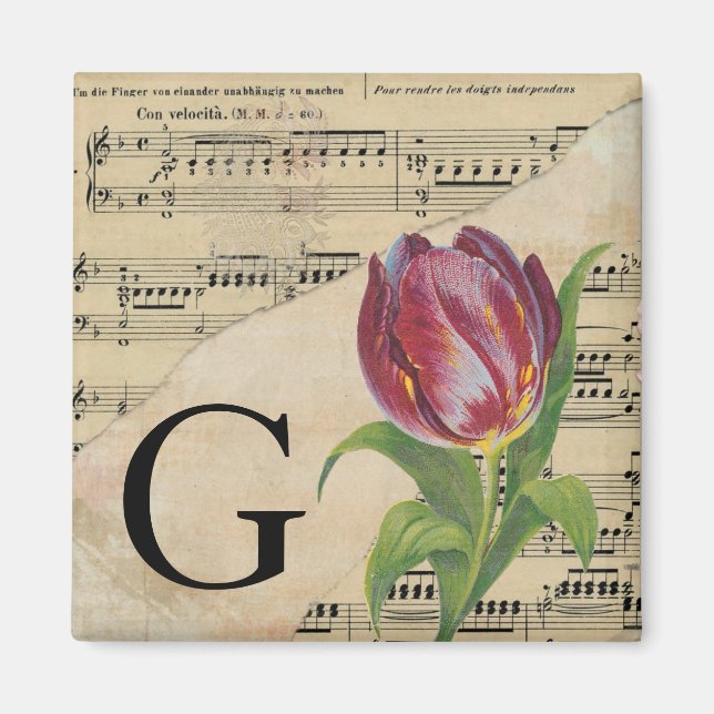 Purple Tulip Sheet Music Monogram Initial G Magnet (Front)