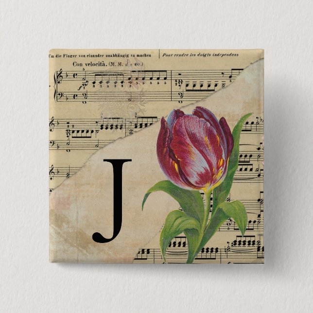 Purple Tulip Sheet Music Monogram Initial J 15 Cm Square Badge (Front)