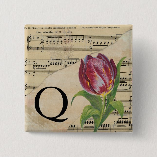 Purple Tulip Sheet Music Monogram Initial Q 15 Cm Square Badge (Front)