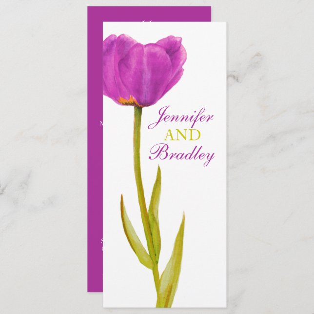 Purple tulip wedding reception dinner menu invitation (Front/Back)