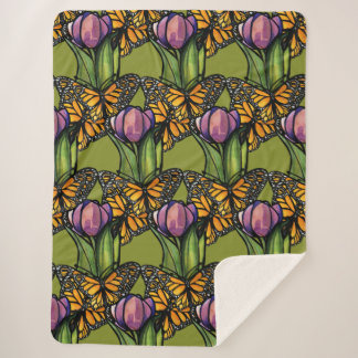 Purple Tulip with Monarch Butterflies Nature Sherpa Blanket