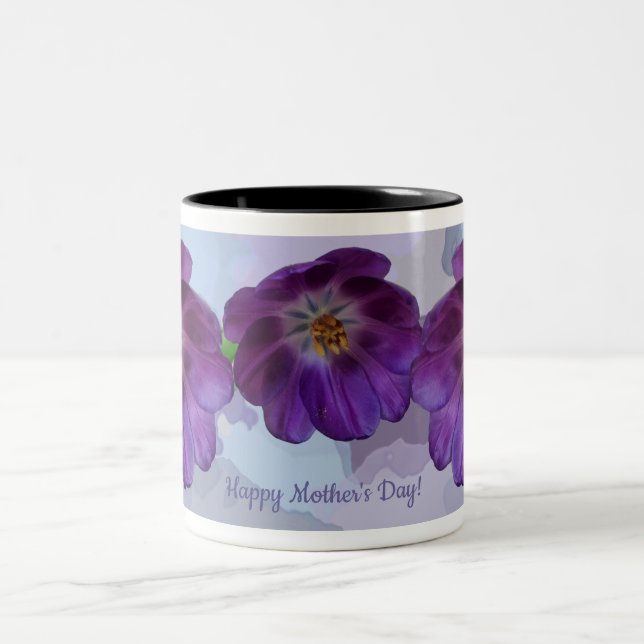 Purple tulips and custom text Two-Tone coffee mug (Center)