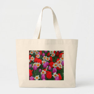 Purple tulips and white daffodils garden large tote bag