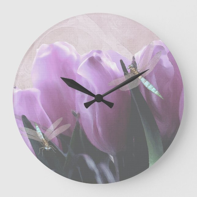 Purple Tulips Aqua Dragonflies Large Clock (Front)