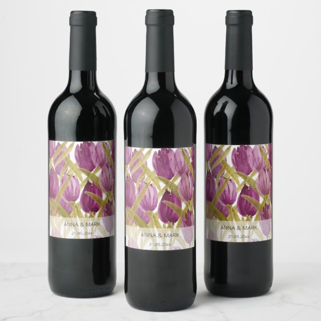 Purple Tulips Elegant Watercolor Wine Label (Bottles)