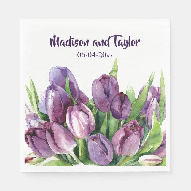 Purple Tulips Floral Watercolor Wedding/Shower Napkin (Front)