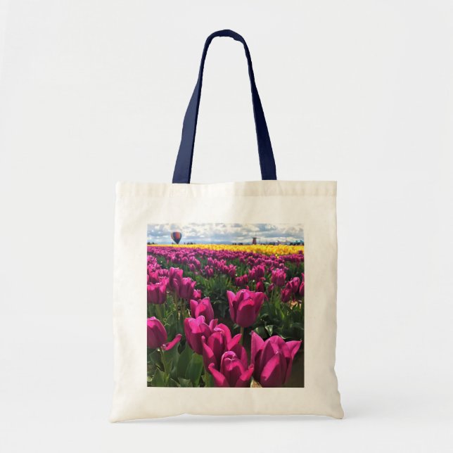 Purple Tulips in a Field with a Hot Air Balloon Tote Bag (Front)