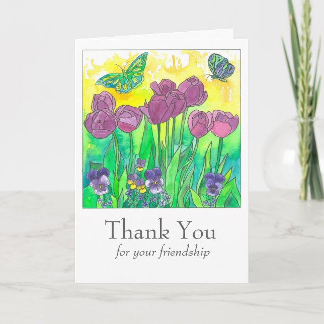 Purple Tulips Pansies Thank You Friendship Card (Front)