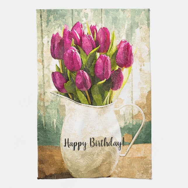 Purple Tulips, Spring Bouquet Birthday Art Tea Towel (Vertical)