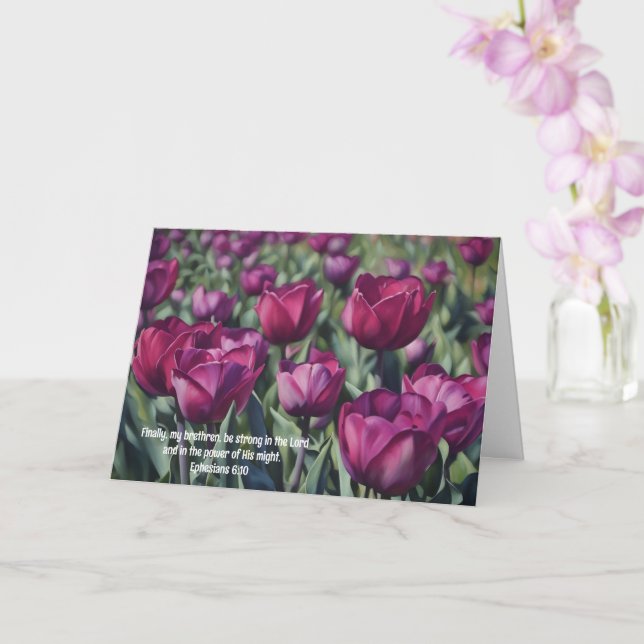Purple Tulips Strong Encourage Faith Bible Verse Card (Orchid)
