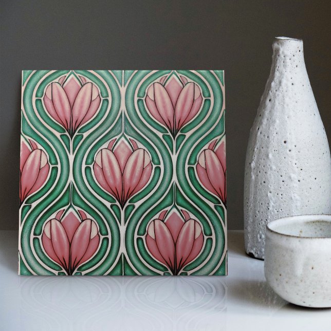 Purple Tulips Symmetric Pattern Art Nouveau Tile (Creator Uploaded)