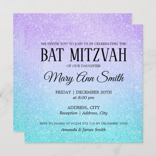 Purple & Turquoise Bat Mitzvah Faux Glitter Paint Invitation (Front/Back)