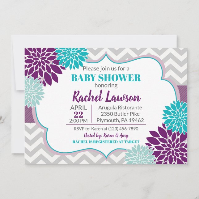 Purple & Turquoise Blooms Floral Baby Shower Invitation (Front)