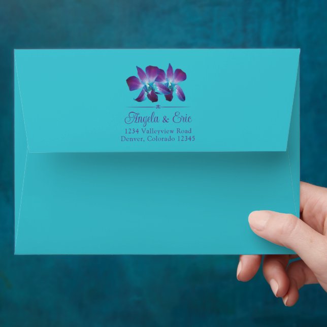 Purple Turquoise Blue Dendrobium Orchid Wedding Envelope (Hand)