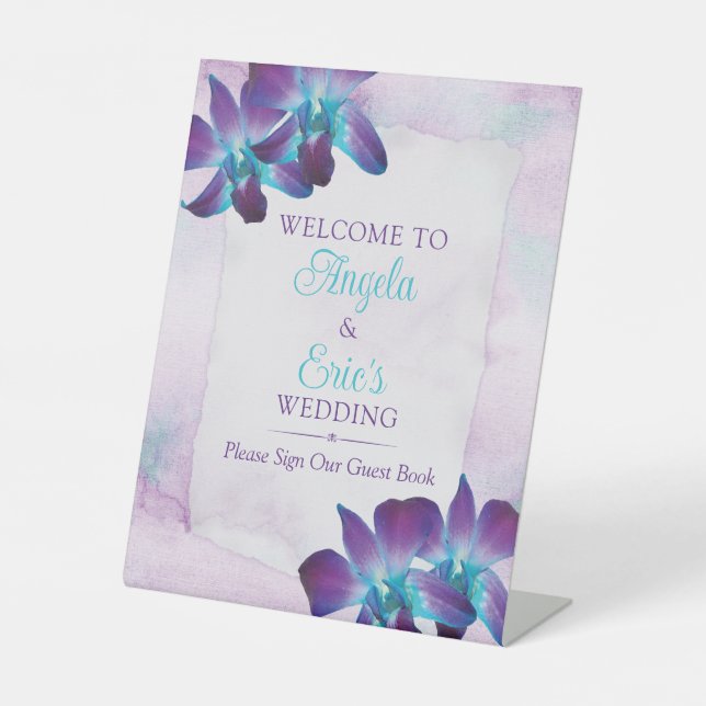 Purple Turquoise Blue Dendrobium Orchid Wedding Pedestal Sign (Front)