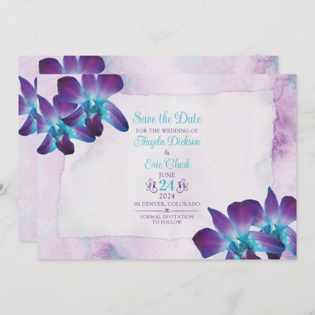 Purple Turquoise Blue Dendrobium Orchid Wedding Save The Date (Front/Back)