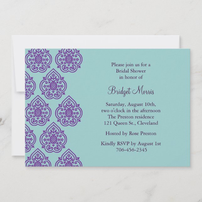 Purple/Turquoise Damask Bridal Shower Invitation (Front)
