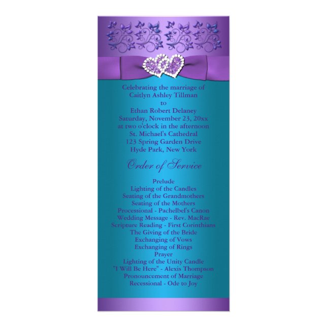 Purple, Turquoise Floral Hearts Wedding Program 2 Rack Card (Front)